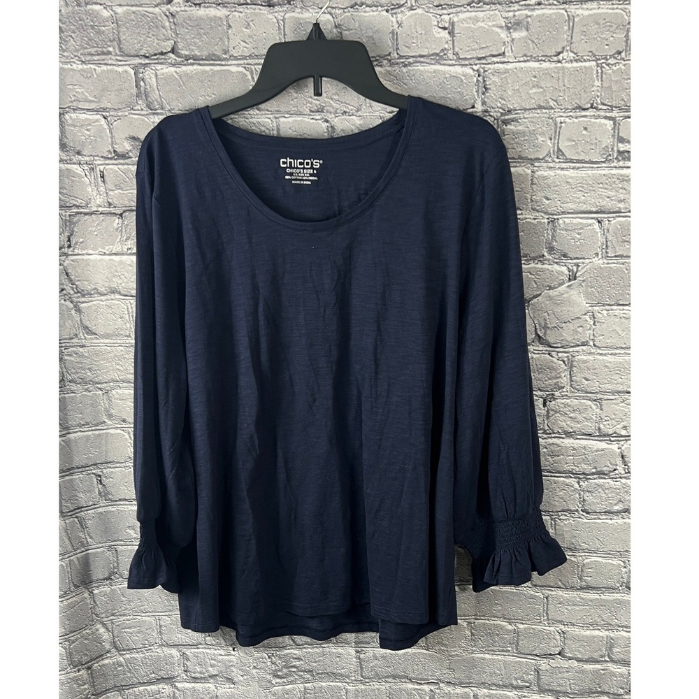 Chico's Size 4 (XXL) Cotton Slub Smocked Sleeve Tee Top Classic Navy NWT